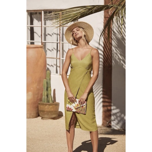Lulus Dresses & Skirts - Lulu Chartreuse Green Faux Wrap Midi Dress Tie Back Size Medium D14100